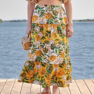 Farm Rio Mixed Biriba Allover Print Fit & Flare Maxi Skirts Size L Multicolor